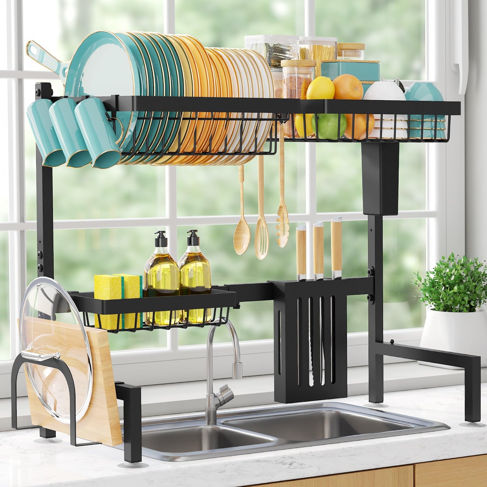 Sakugi black adjustable 2-tier over-the-sink stainless steel dish drying rack with cutlery and utensil holders
