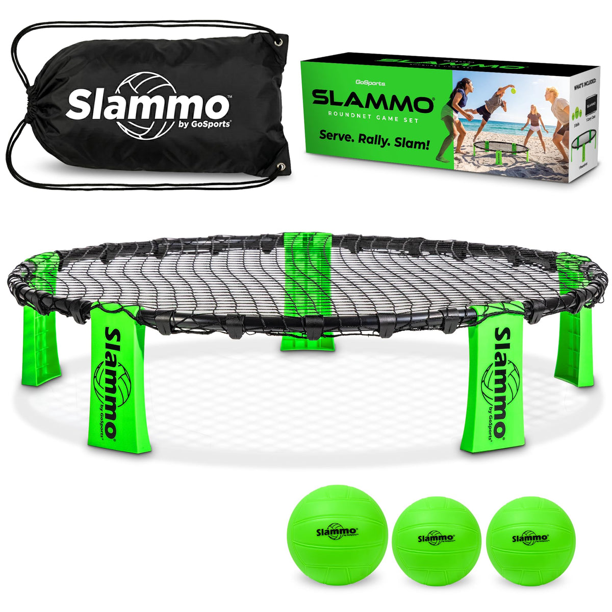 GoSports Slammo lawn and beach game set displayed on grass with balls and targets