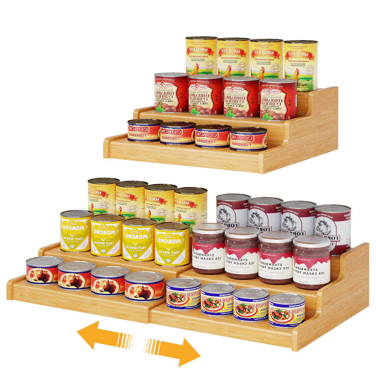 Three-tier expandable bamboo can rack holding canned goods on a countertop
