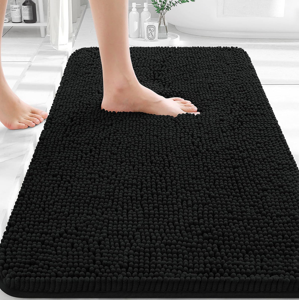 OLANLY black chenille bath rug 30x20 soft absorbent bathroom mat