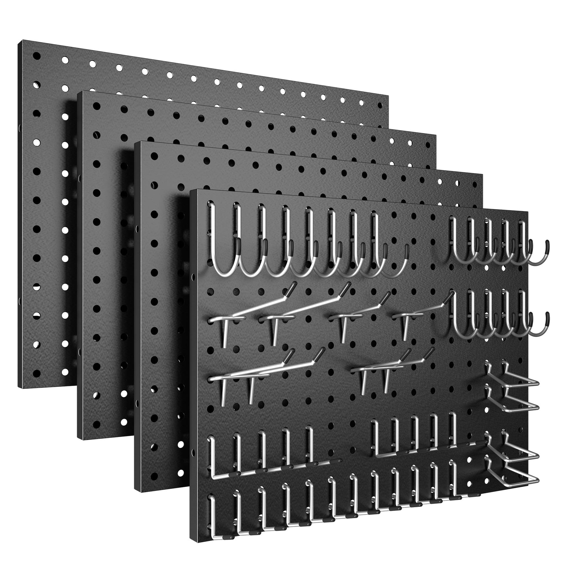 Black Spampur metal pegboard panels, 4 panels, 50 hooks mounted on wall displaying tools