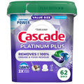 Box of Cascade Platinum Plus dishwasher detergent pods, clean scent, 62 count