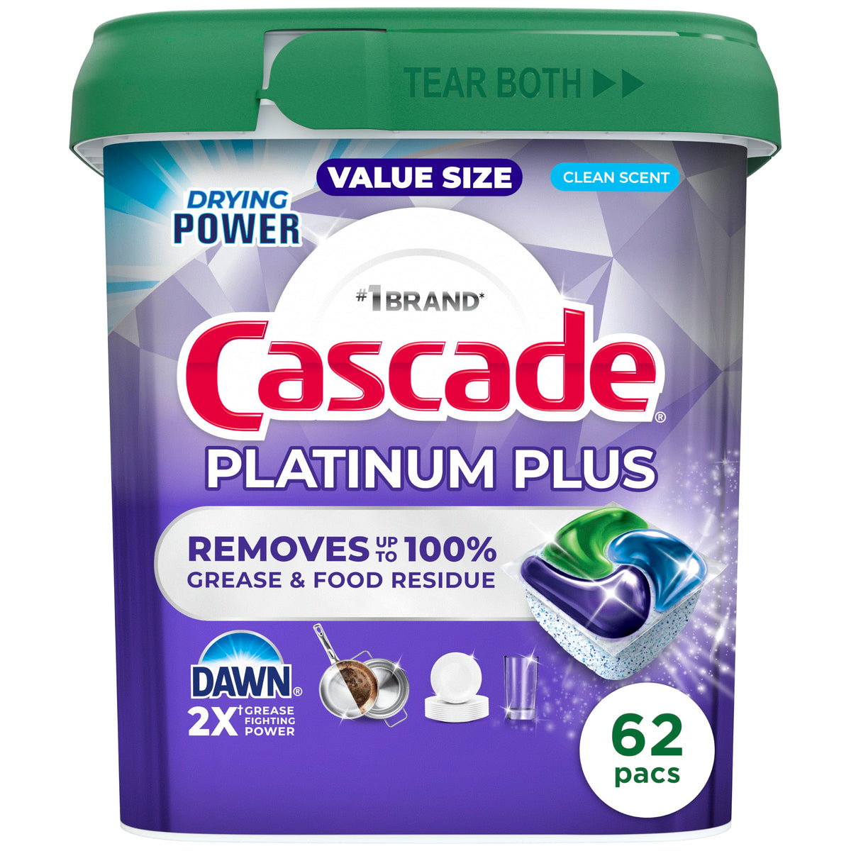 Box of Cascade Platinum Plus dishwasher detergent pods, clean scent, 62 count