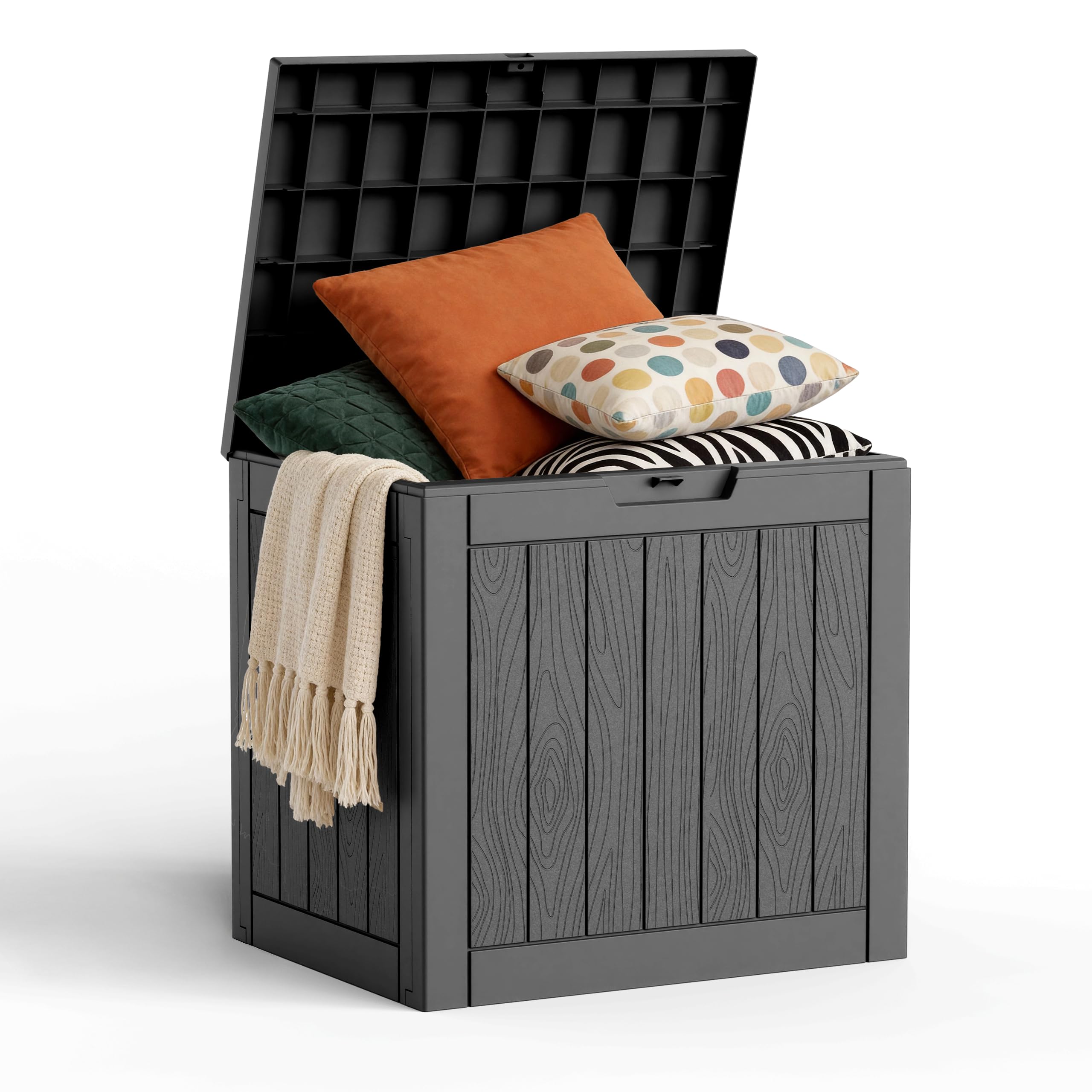 Black MAIUSCOLI 35 gallon lockable outdoor deck storage box on a patio