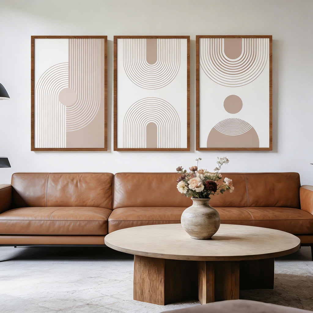 HANSILK Neutral Beige Wall Art Set of 3, Framed Abstract Canvas Wall Decor for Living Room Bedroom, Modern Minimalist Boho Artwork, Ready to Hang Framed Wall Art for Home Office Hallway