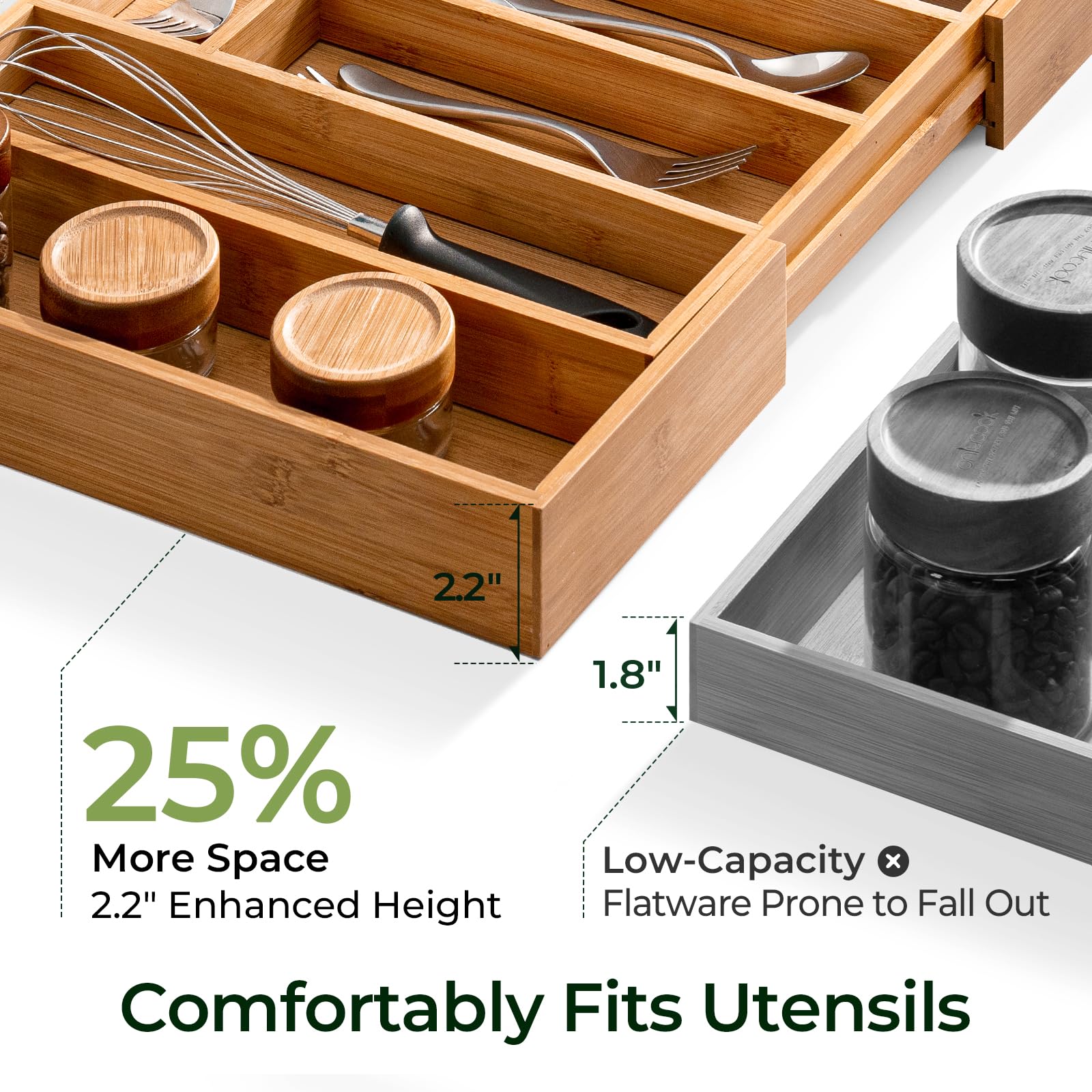 keechee Carbonized Bamboo Kitchen Drawer Organizer, 10 Slots Expandable Silverware Organizer, Utensil Holder & Cutlery Tray, 2.2" Deep for Extra Capacity, Non-Slip Feet Included image 3