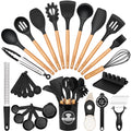 Astercook 39-piece silicone kitchen utensils, wooden handles, arranged on countertop