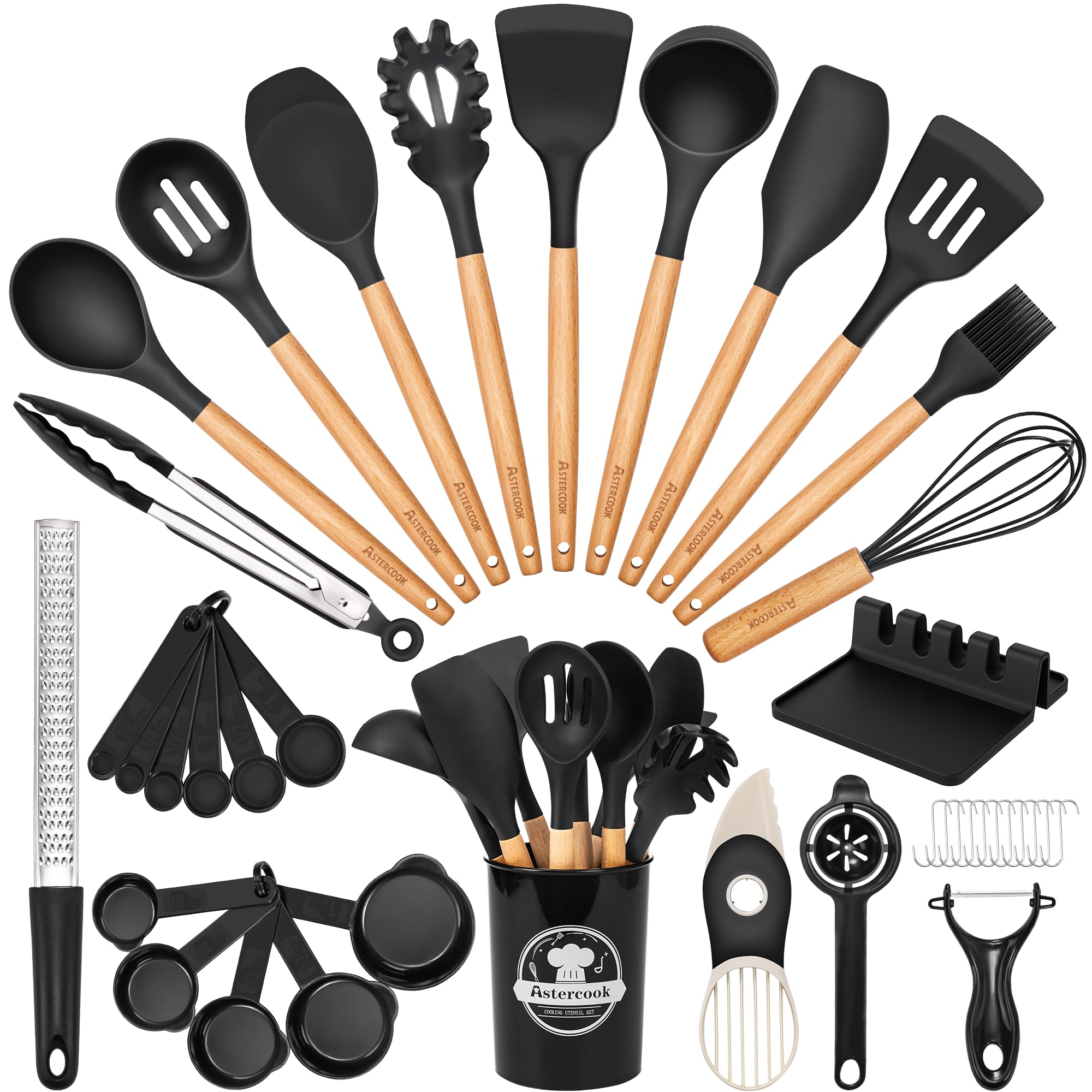 Astercook 39-piece silicone kitchen utensils, wooden handles, arranged on countertop