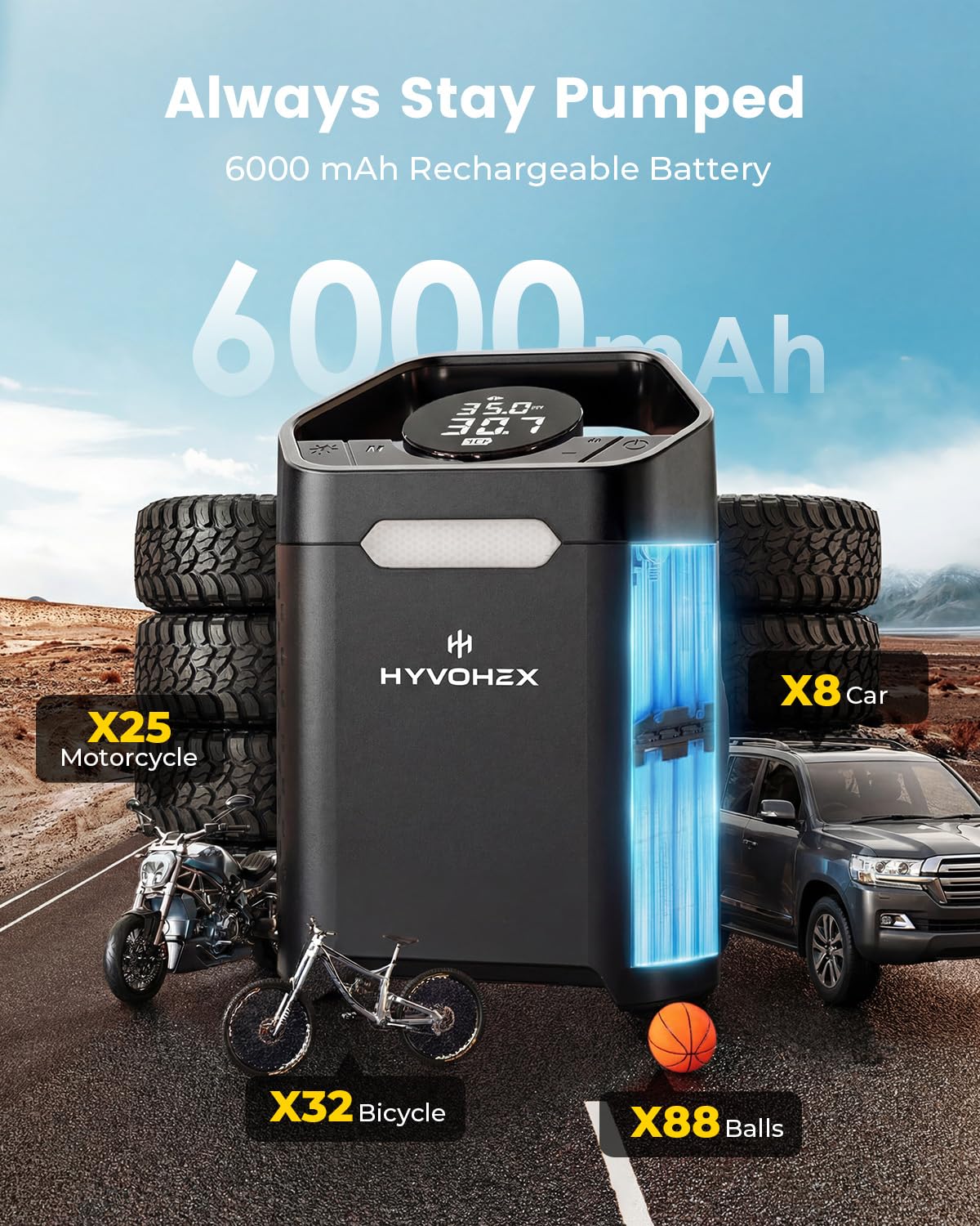 HYVOHEX Portable Air Compressor,160 PSI Cordless Tire Inflator Pump(Black) image 5