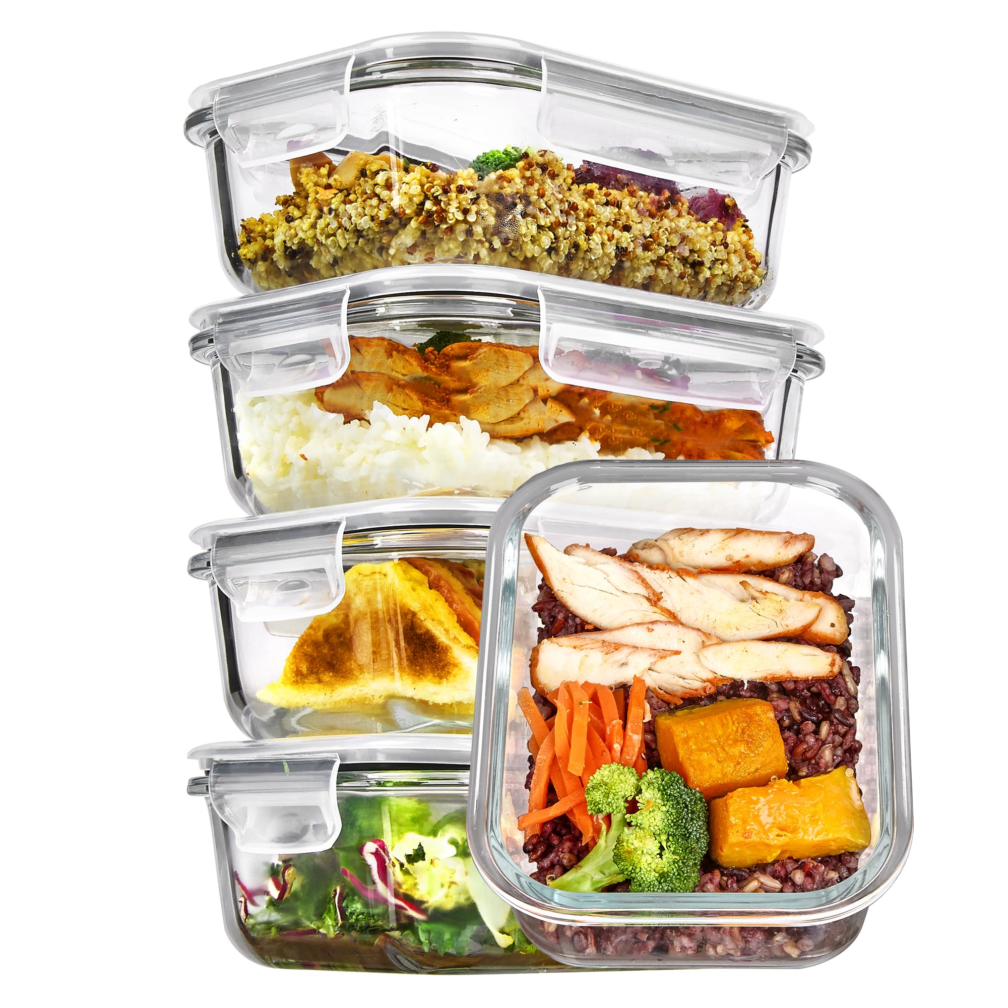 Five 22oz clear glass storage containers with grey lids on a kitchen counter