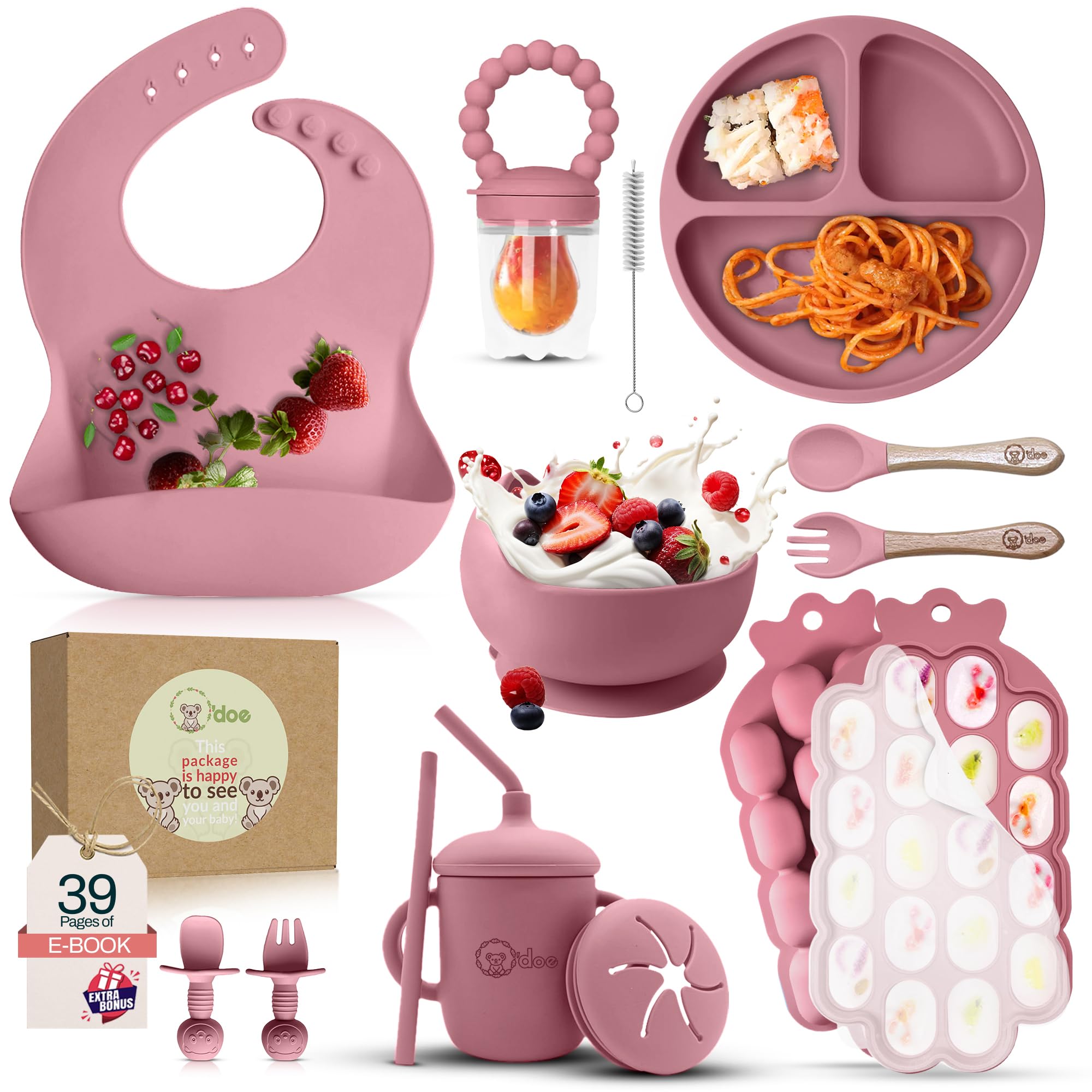 o'doe 15-piece silicone baby feeding kit including plate, bowl, spoon, fork, bib