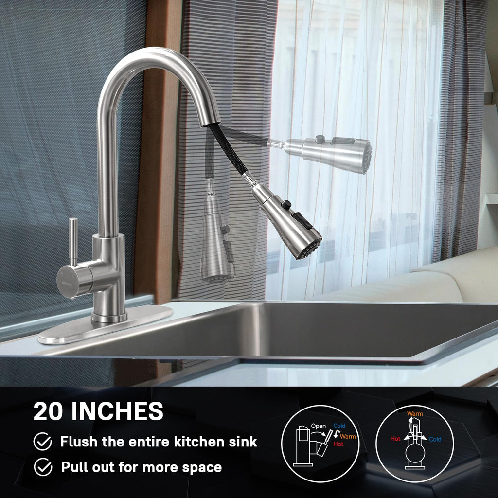 WEWE High-Arc Pull-Down Kitchen Faucet, Brushed Nickel, 3-Mode Sprayer image 7