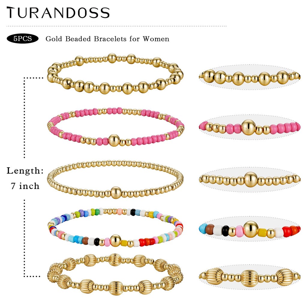 Turandoss 5PCS Gold Beaded Bracelets for Women, Dainty 14K Gold Plated image 5