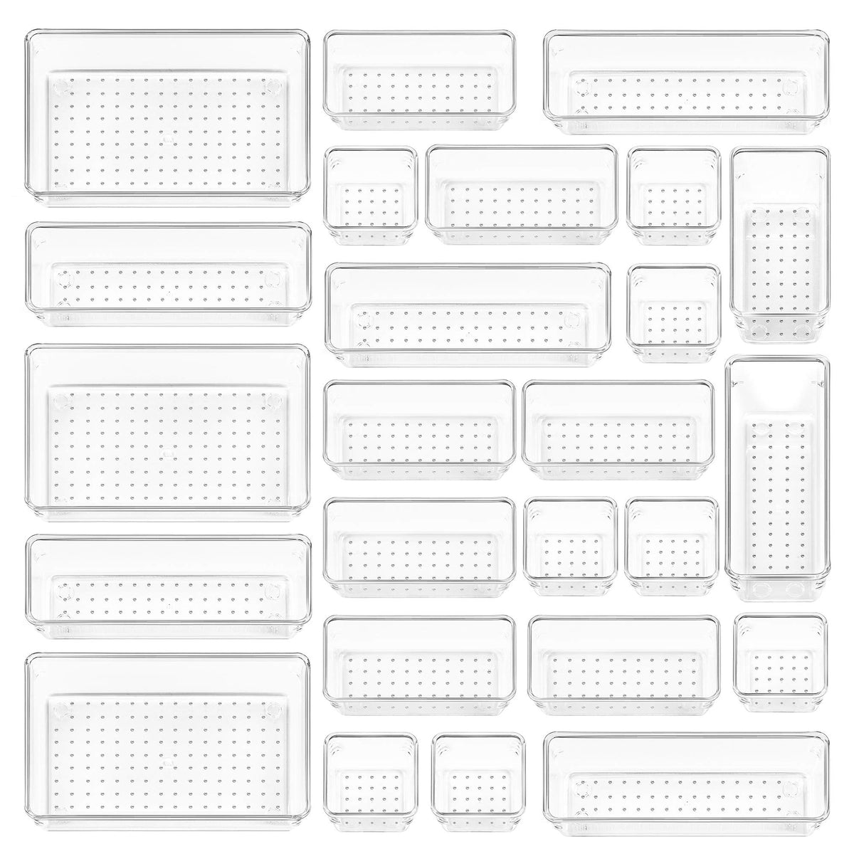 Vtopmart 25 clear plastic drawer organizer trays in four sizes arranged in a drawer