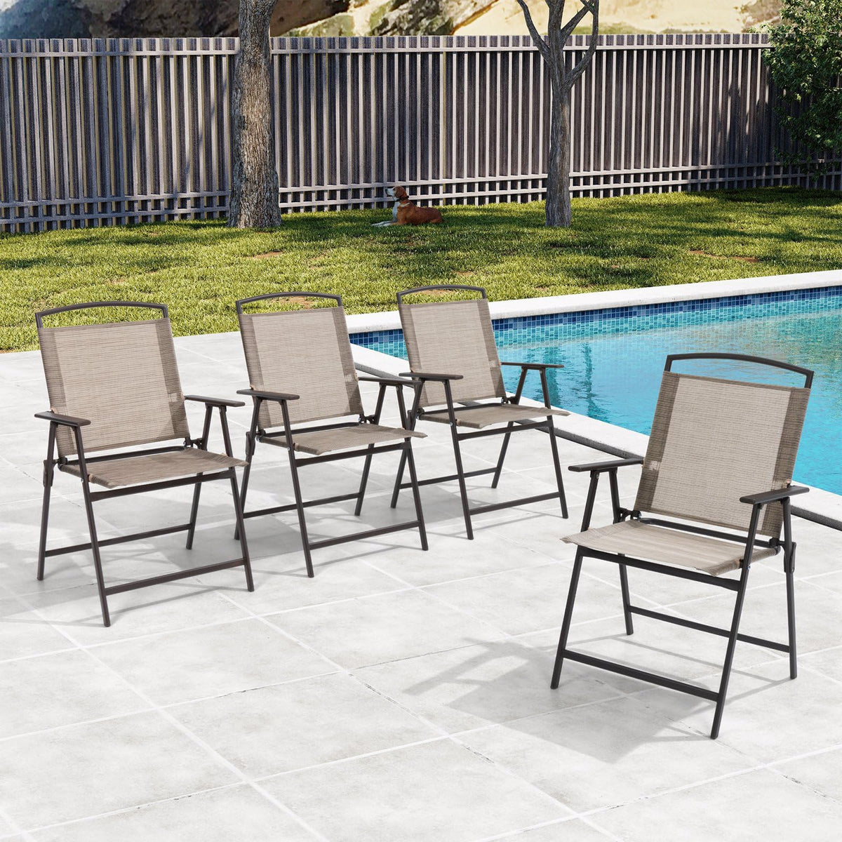 Beige Crestlive folding sling patio chair with armrests on deck