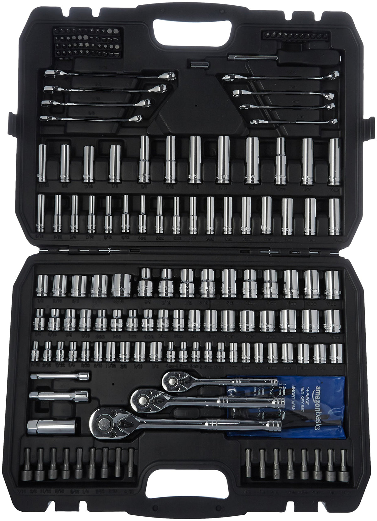 Amazon Basics 201-piece mechanic socket tool kit in molded case showing chrome-vanadium sockets, ratchets, and extensions