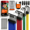 Jar of HORUSDY bungee cords in various lengths, including zip ties, ball bungees, tarp clips