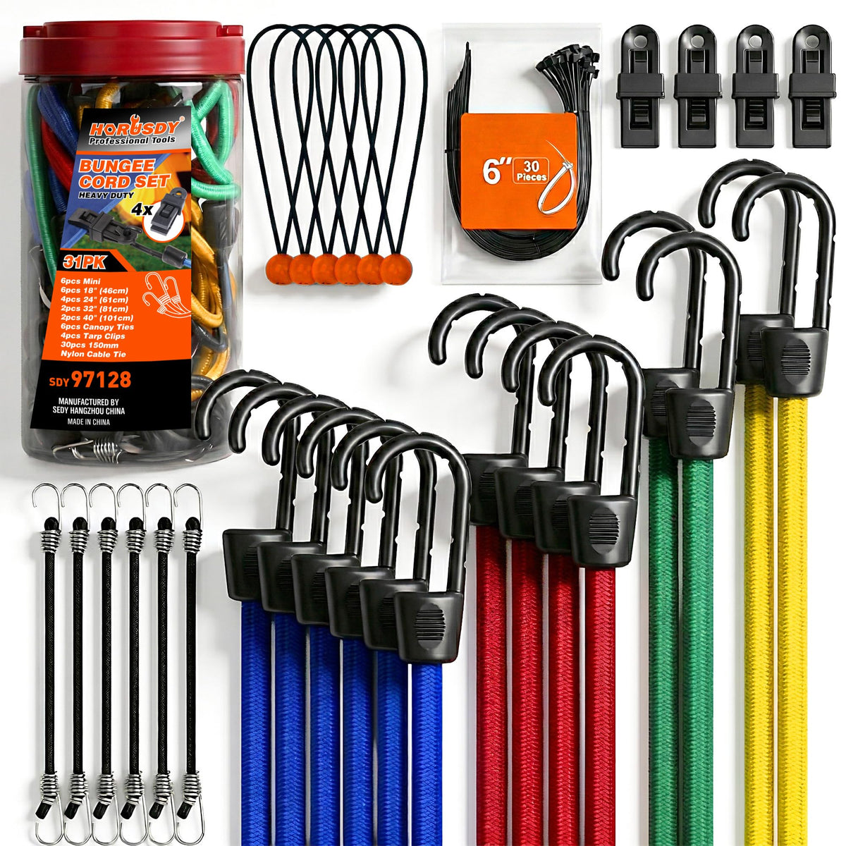 Jar of HORUSDY bungee cords in various lengths, including zip ties, ball bungees, tarp clips