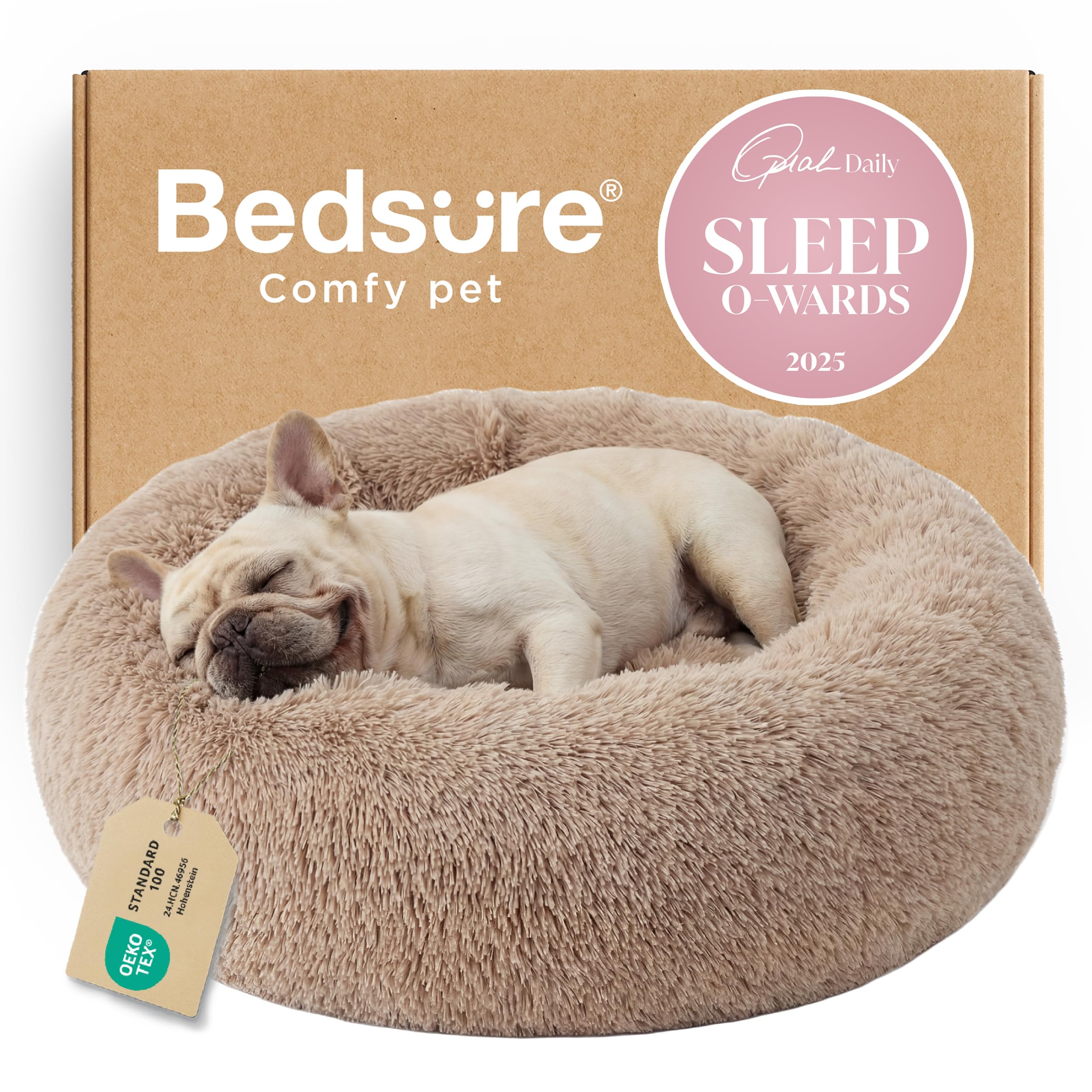 Bedsure 30in camel calming donut dog bed with raised rim and plush surface