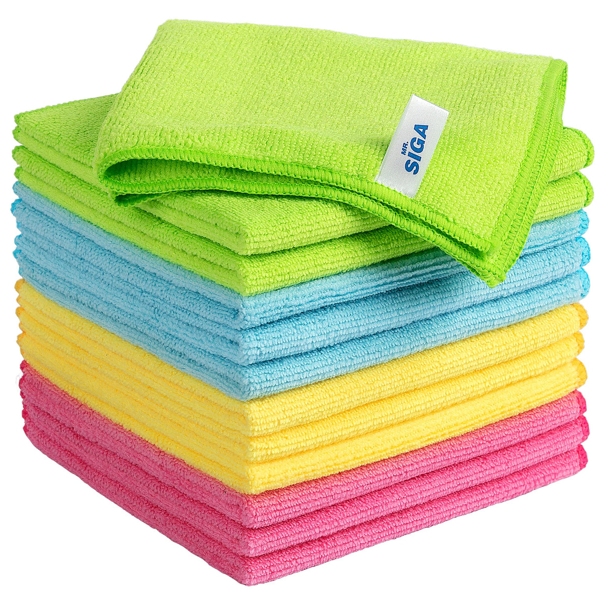 Folded MR.SIGA microfiber cleaning cloths on a surface