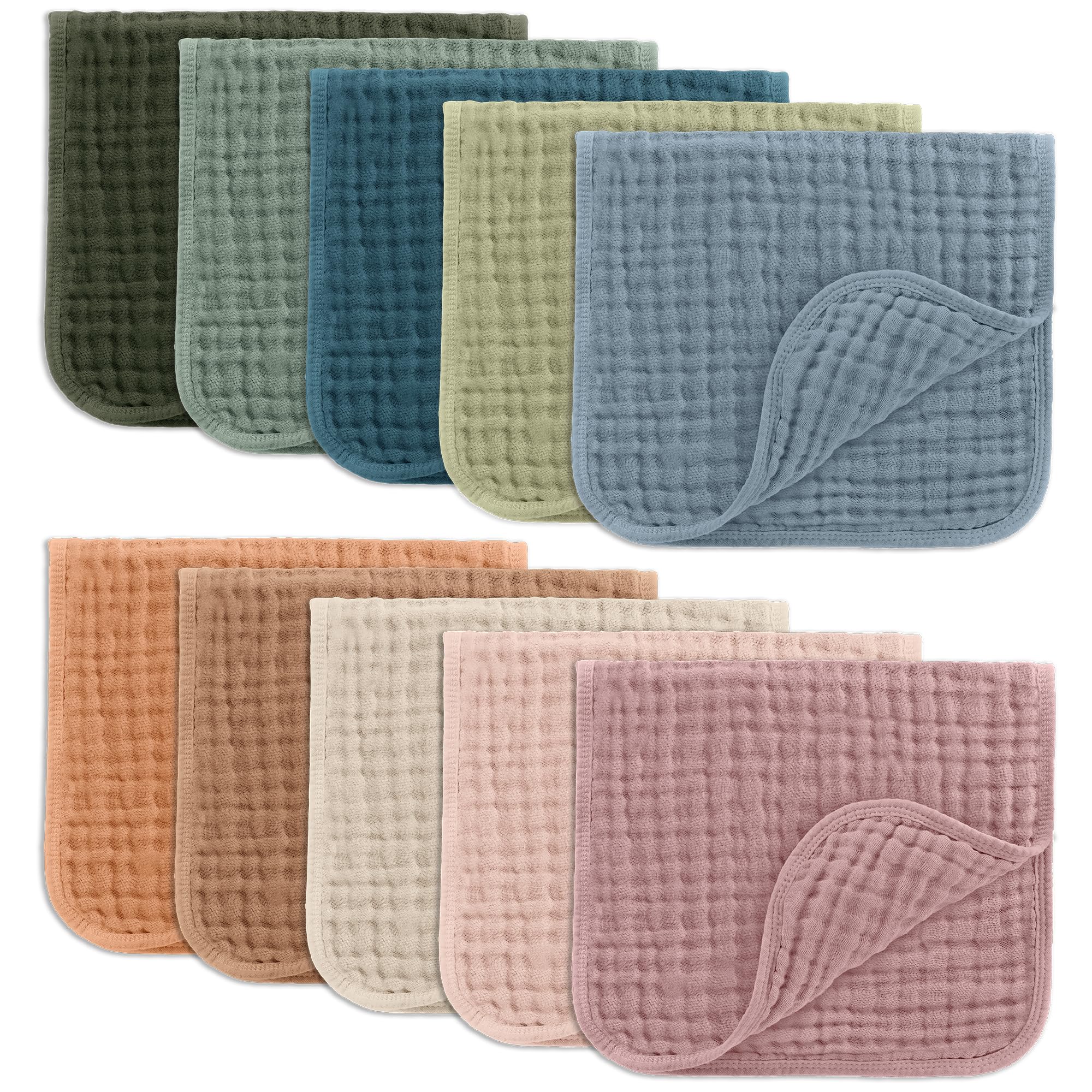 Multi-color Comfy Cubs muslin baby burp cloths folded stack, 20x10 inches