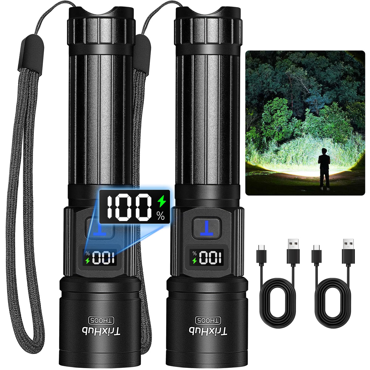 Two TrixHub rechargeable LED flashlights, black, showing beam and USB-C charging port