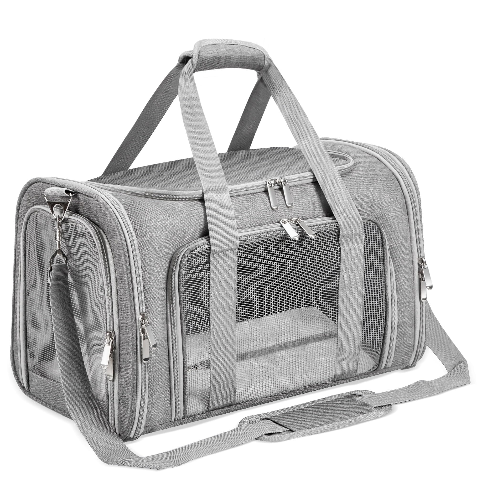LEHNI collapsible soft-sided pet carrier open showing mesh windows and shoulder strap