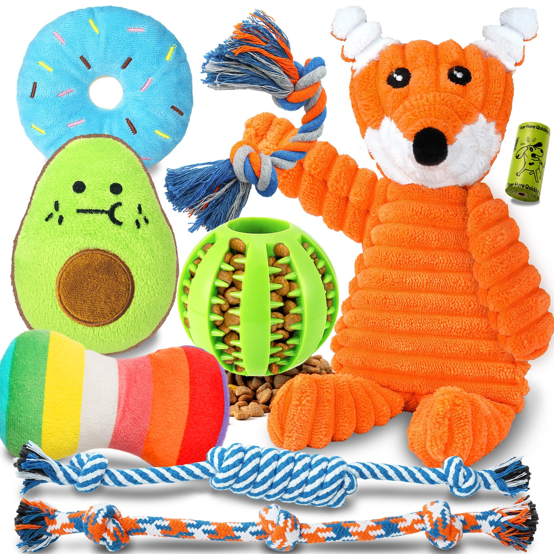 Nine Zeaxuie puppy chew and squeaky toys including balls and rope chew toys