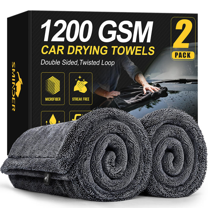SMINDER 2-Pack 1200 GSM Car Drying Towels – Microfiber Towels for Cars (36" x 24"), Ultra-Absorbent, Streak-Free, Scratch-Free, No Water Spots, Double-Twist Pile & Edgeless Design