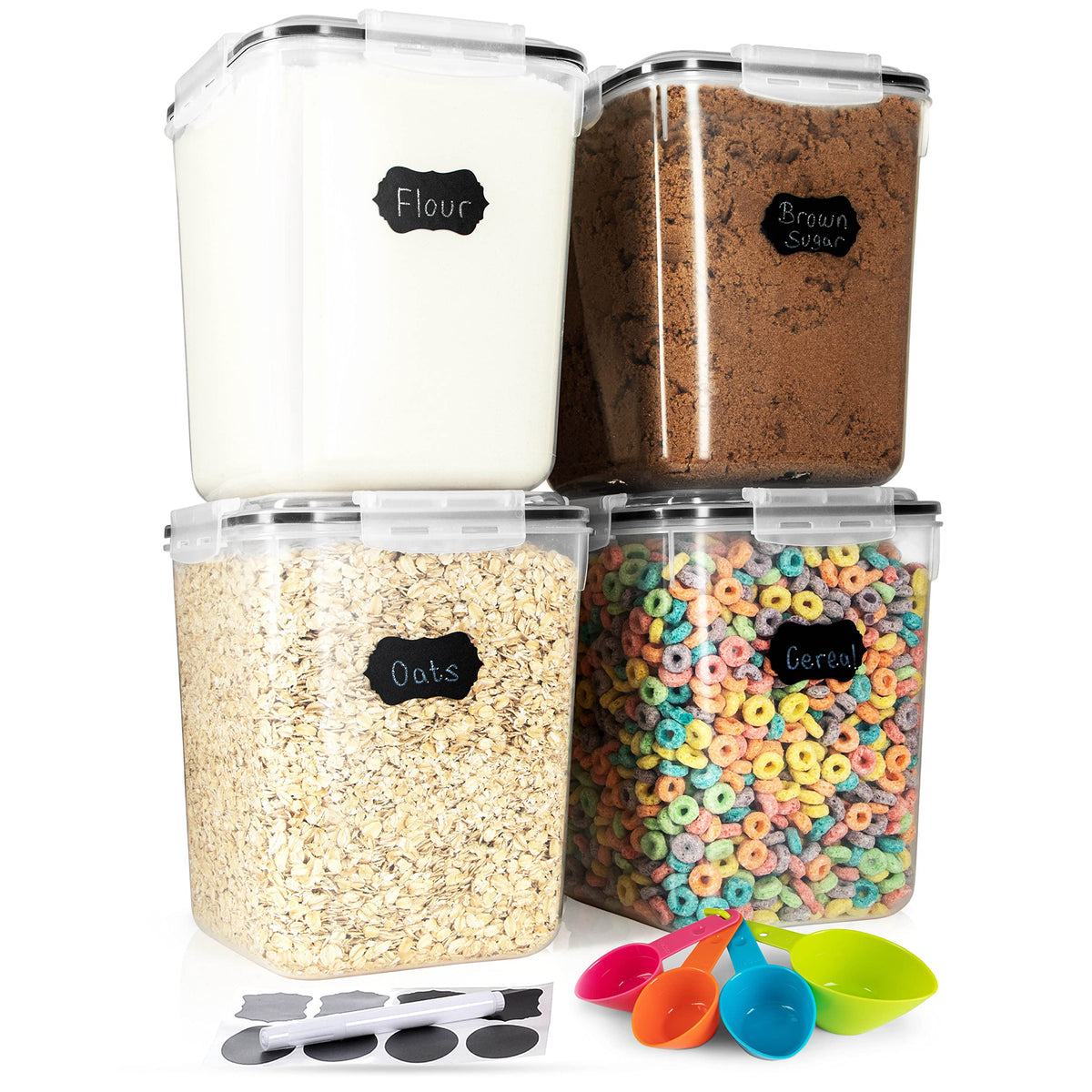 Four Storeganize airtight 5.3L clear storage containers with lids for flour and sugar