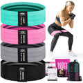 Four fabric booty resistance bands in assorted colors laid flat