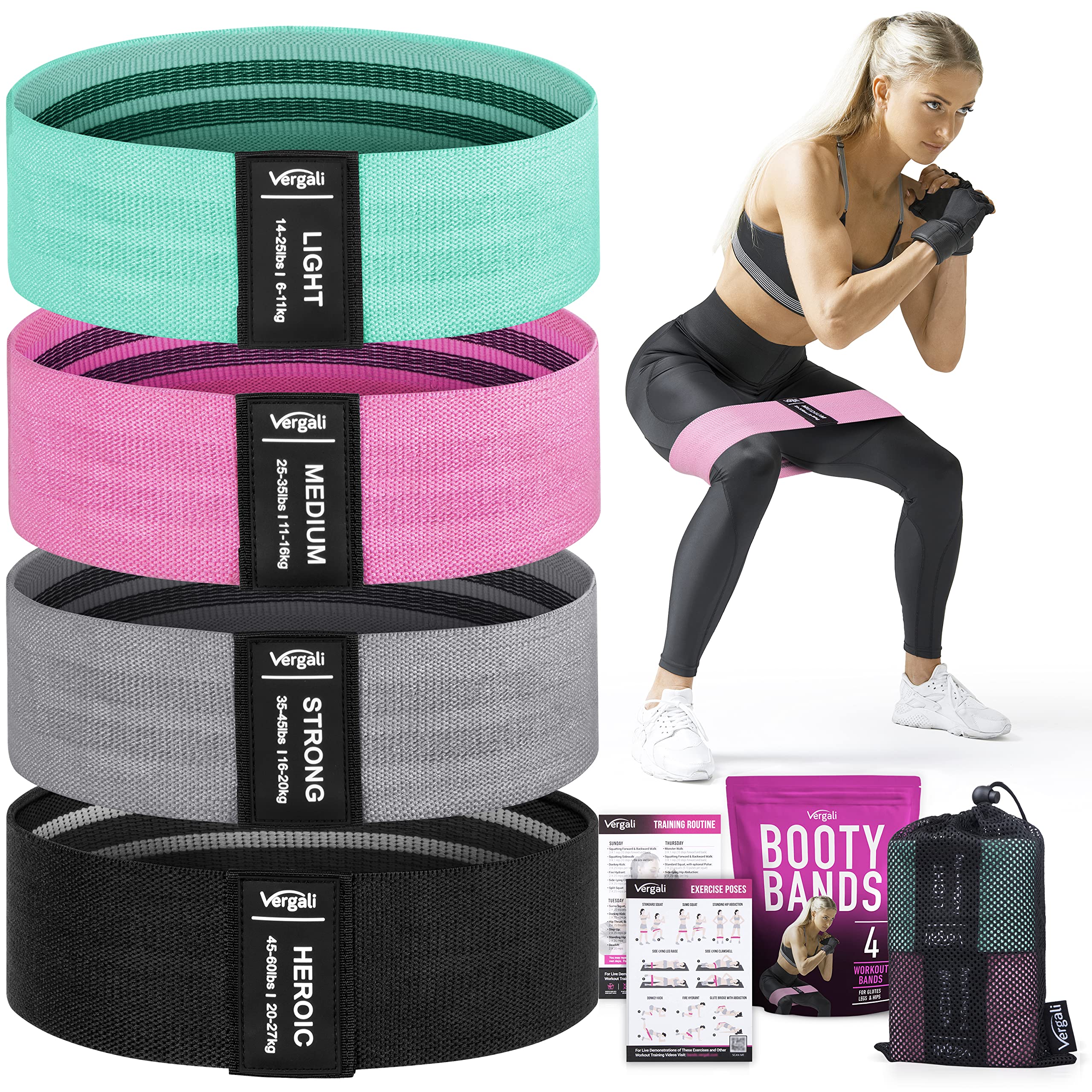 Four fabric booty resistance bands in assorted colors laid flat
