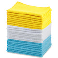 Blue, white, and yellow 16x12 microfiber cleaning cloths stacked