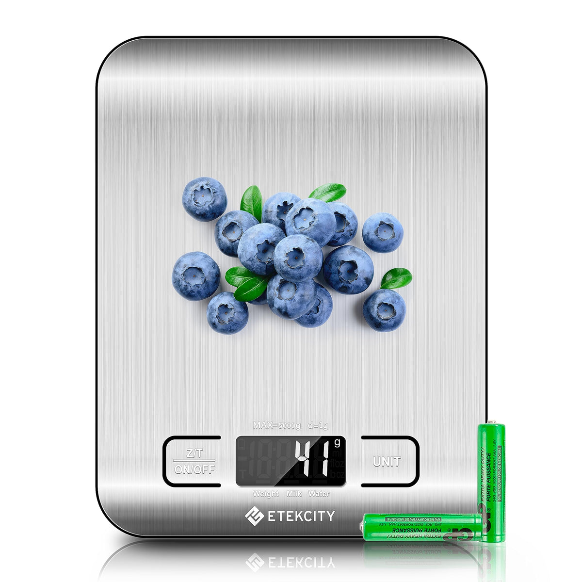 Etekcity digital kitchen scale showing weight in grams ounces on backlit display