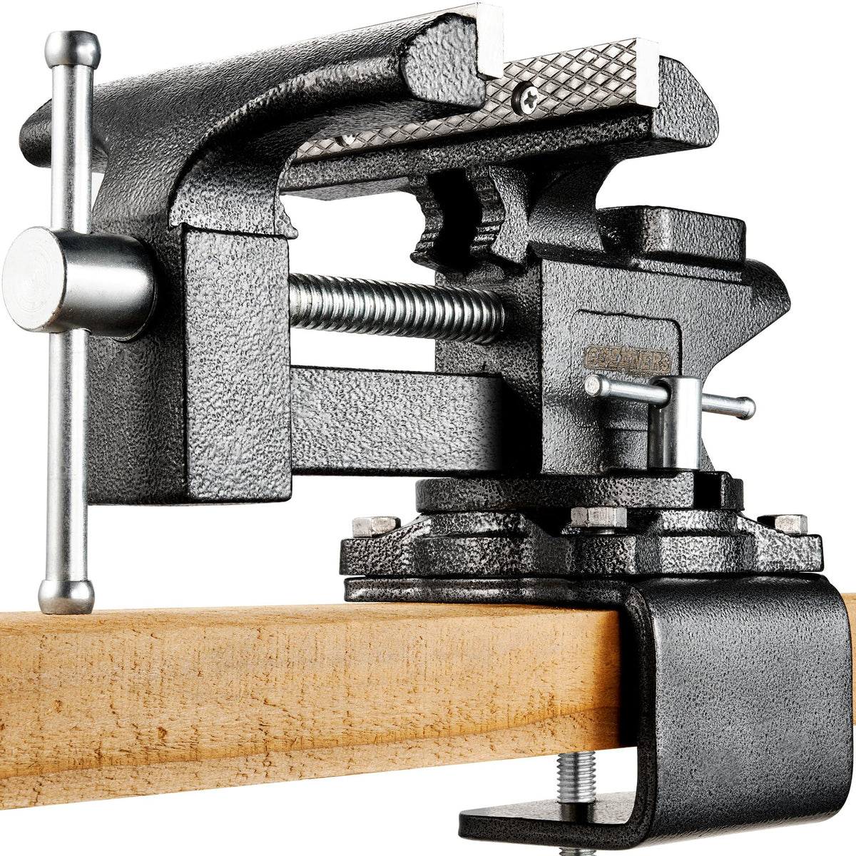 Kitvance 6-inch bench vise on swivel base showing forged steel jaws and integrated pipe jaw