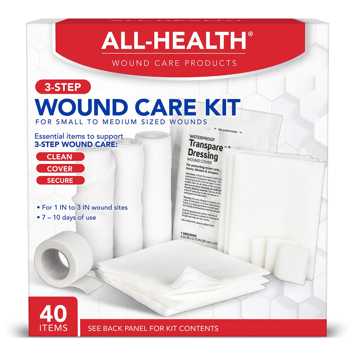 All Health 40-piece wound care first aid kit with bandages, gauze, and basic supplies