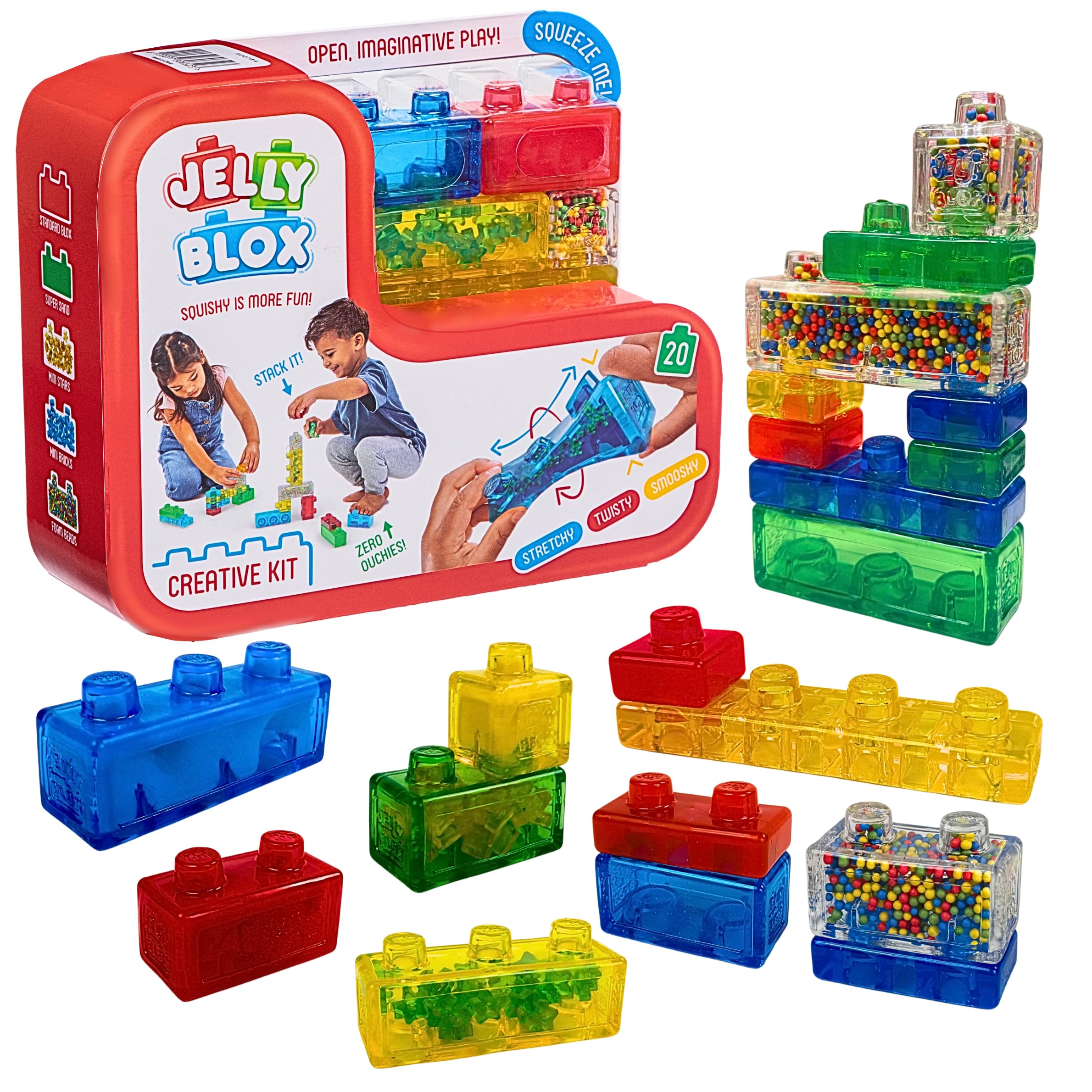 Jelly Blox colorful soft building blocks arranged in a tower on a play mat