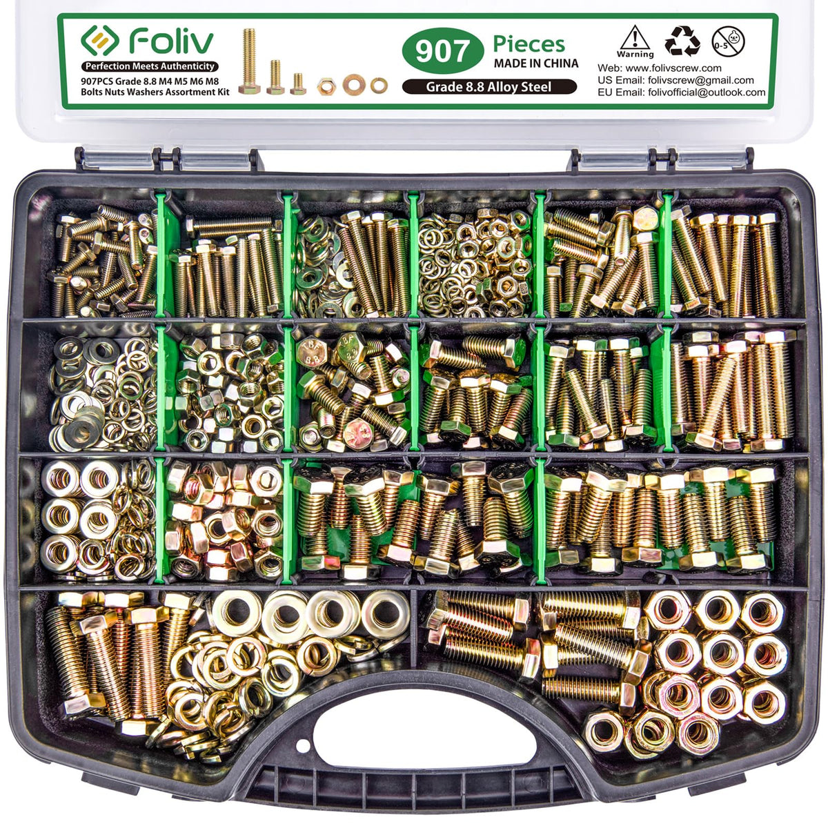Tray of 907 yellow zinc plated metric bolts and matching nuts in assorted sizes