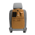 Brown Carhartt nylon duck seat organizer with multiple pockets attached to vehicle seat