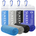 Four Sukeen cooling towels 40x12 laid flat showing soft textured neck wraps