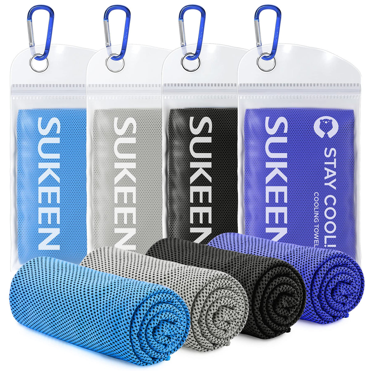 Four Sukeen cooling towels 40x12 laid flat showing soft textured neck wraps