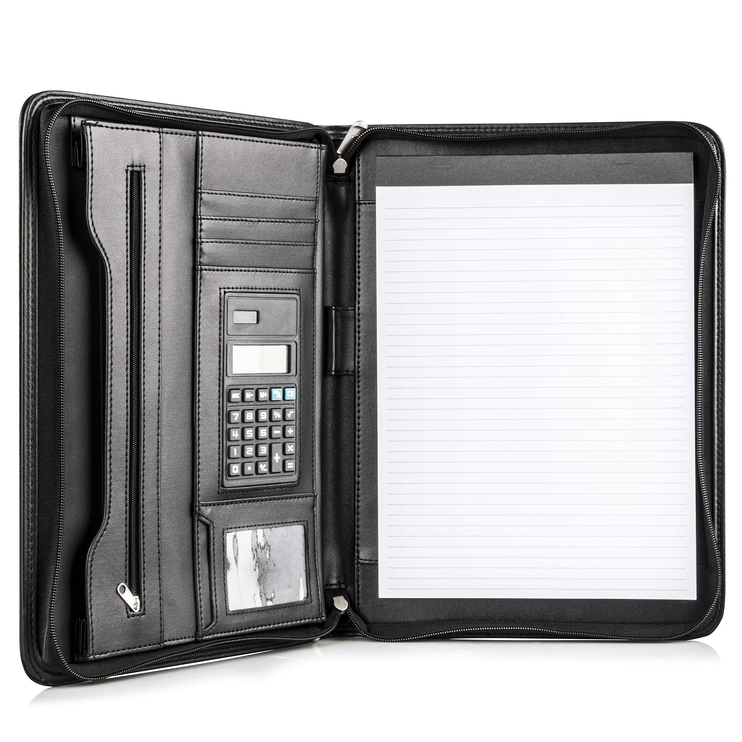 COSSINI black vegan leather padfolio, zipper closure, 10.1 inch tablet sleeve, card slots
