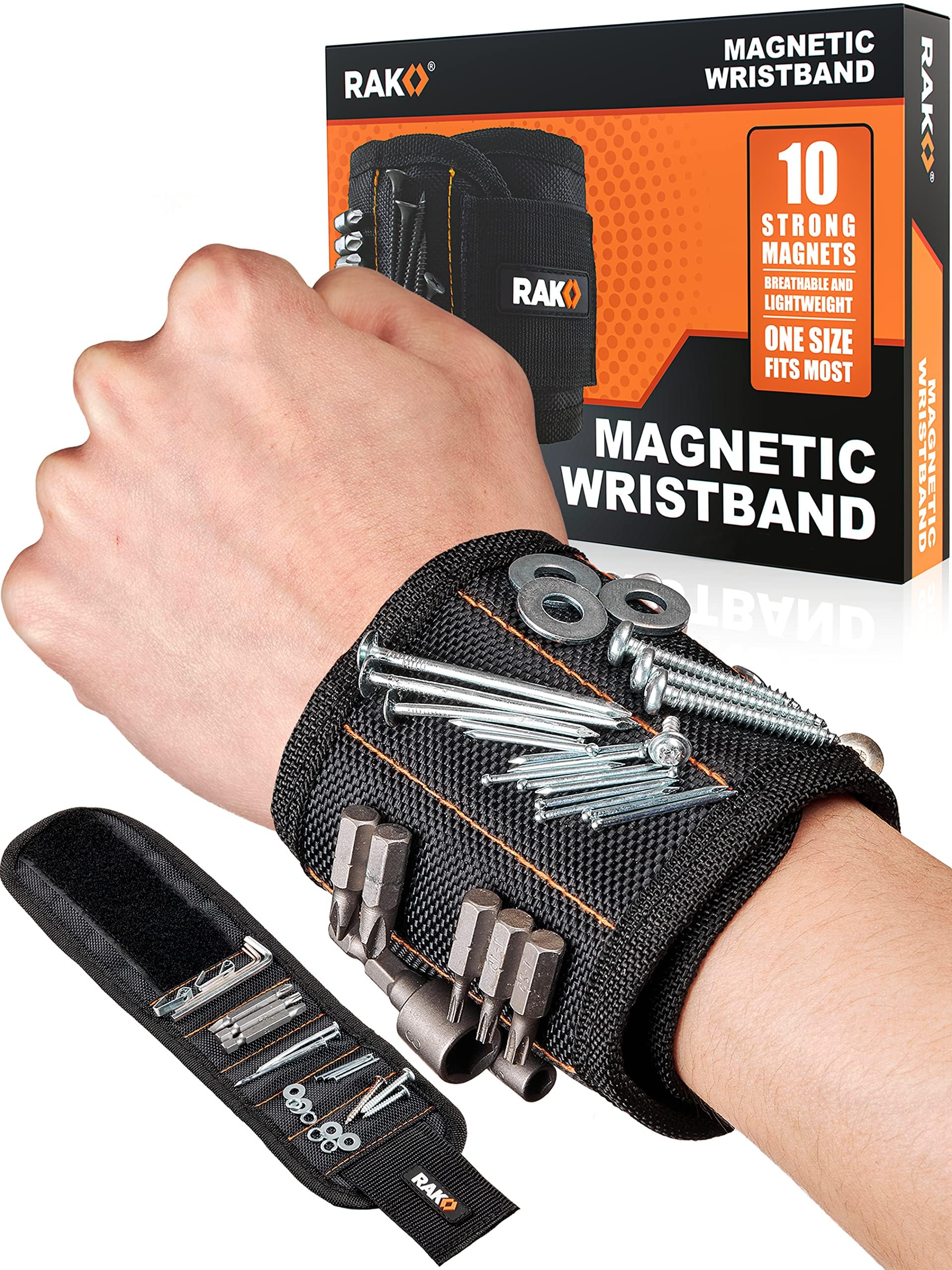 RAK magnetic wristband holding screws and nails on black fabric cuff