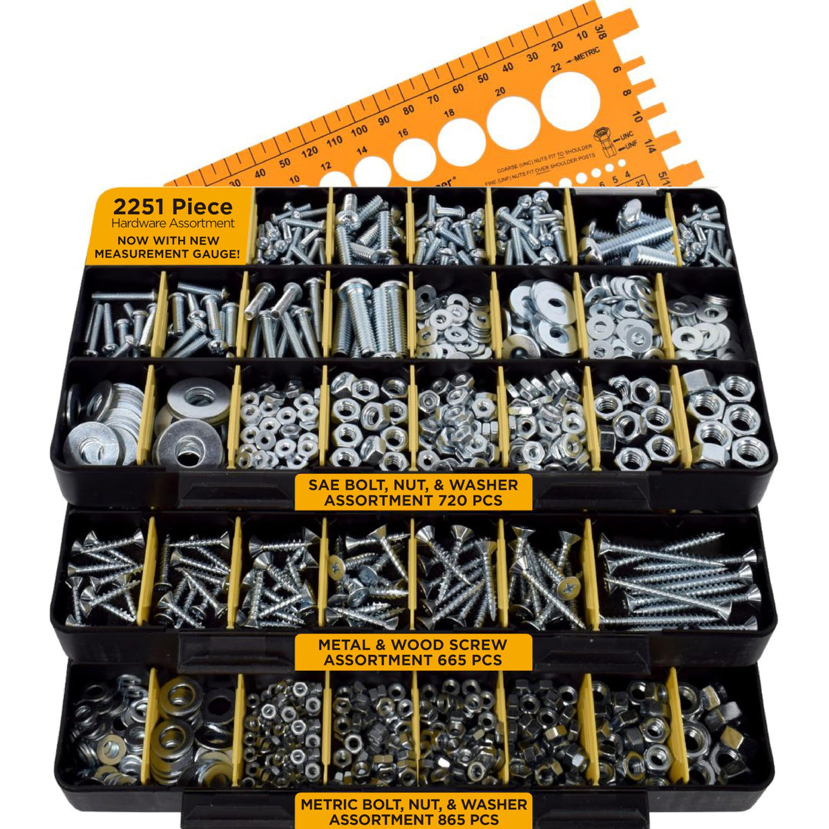 2251-piece hardware assortment with screws, nuts, bolts and washers in three plastic trays